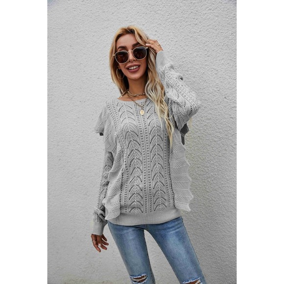 Openwork Round Neck Ruffled Sweater - Picture 9 of 16